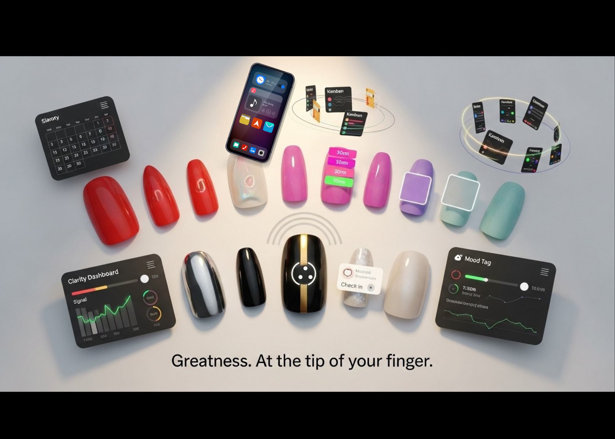 An array of SigNa∴ls™ nail designs with mockups of the Clarity Dashboard, Mood Tag, and Kanban boards.